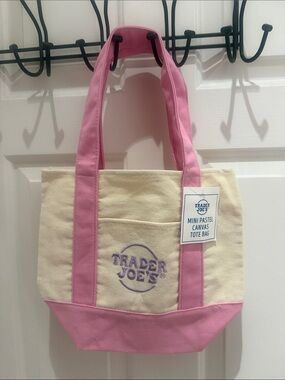 Trader Joe's Mini Canvas Tote Bag in Cream and Pink